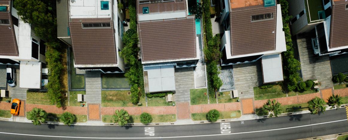 Overhead look at houses in a subdivision